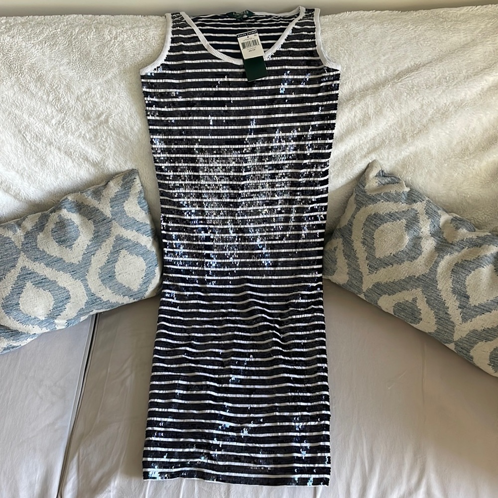 Ralph Lauren navy sequins striped midi dress